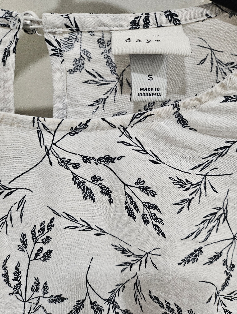 A New Day. White Floral Print Spring Blouse/Top - Black Botanical Sketch Size S